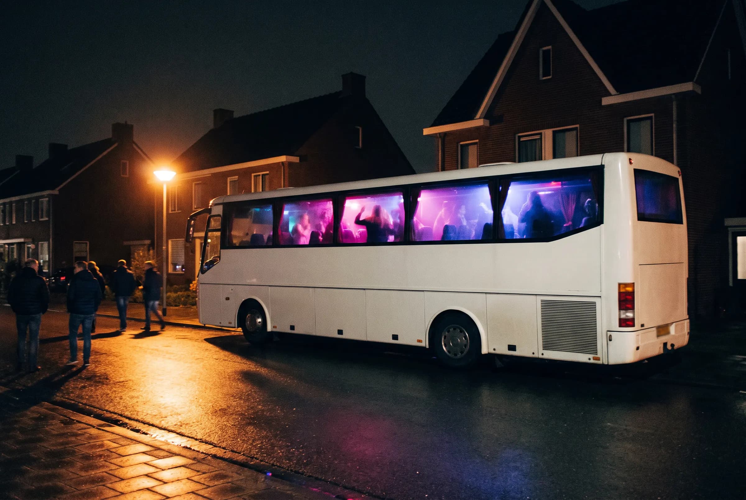 Touringcar 's avonds langs de stoep met verlichte ramen, een groep staat klaar om in te stappen